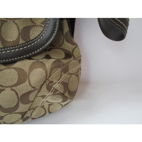 Coach Logo Leather Trim Flap Shoulder Tan Canvas Hobo Bag - Picture 5 of 9
